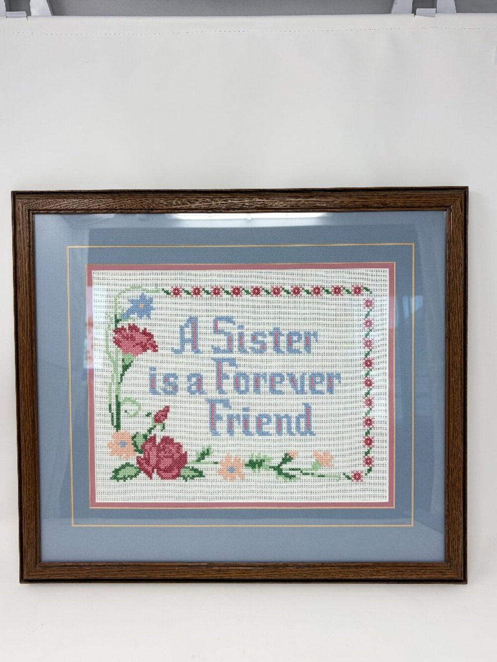 Vtg "A Sister is a Forever Friend" Counted Cross Stitch Finished Competed Framed